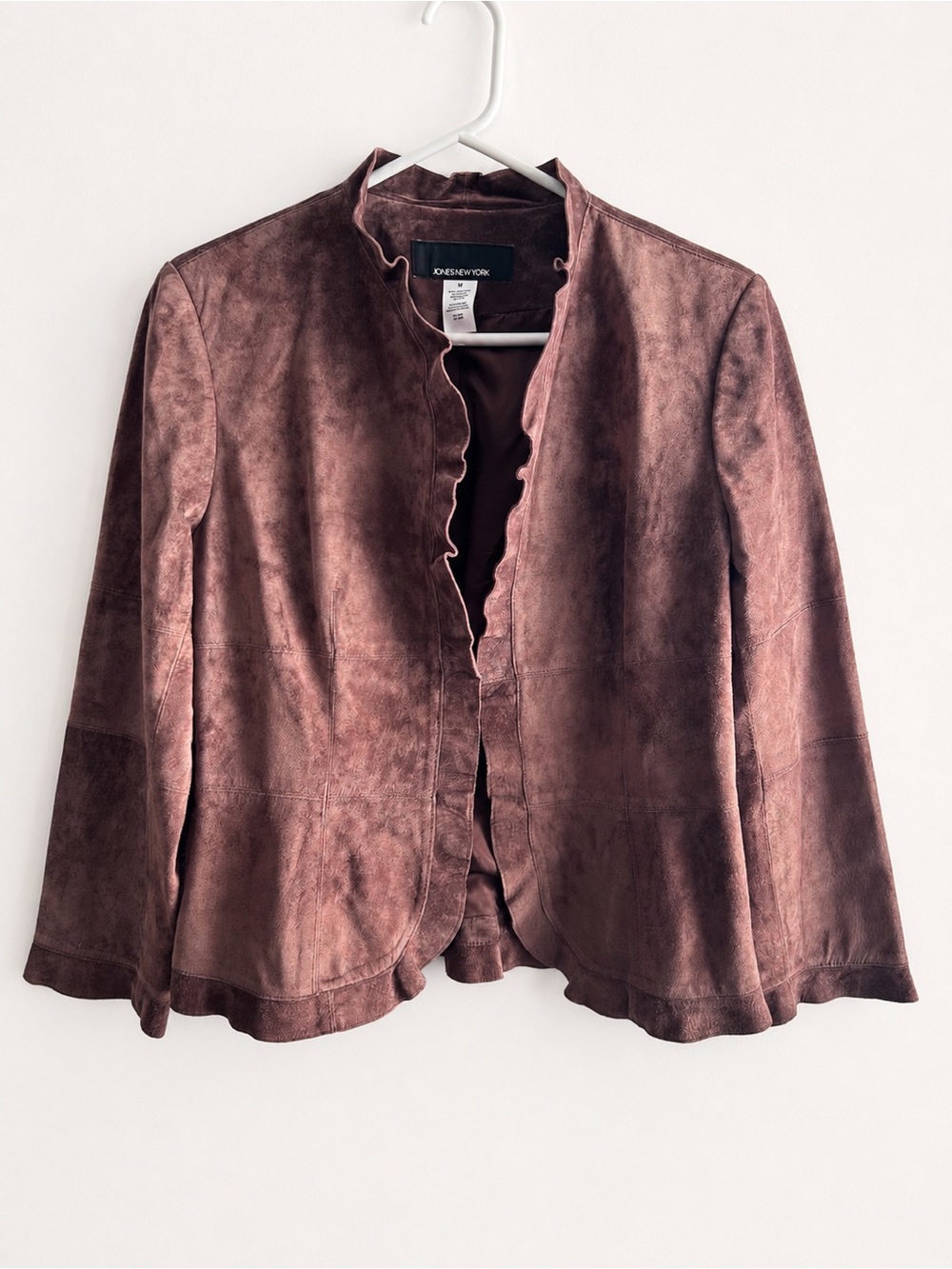 Jones New York 100% Leather Ruffle Trim Open Front Jacket Brown Size Medium